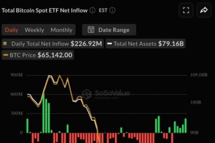 Gráfico de Bitcoin ETFs mostrando aumento de investimentos consecutivos