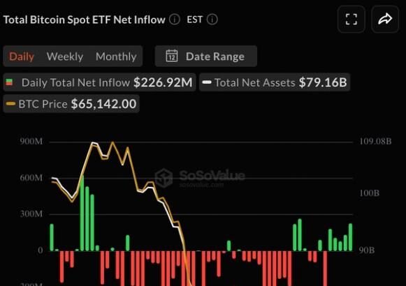 Gráfico de Bitcoin ETFs mostrando aumento de investimentos consecutivos