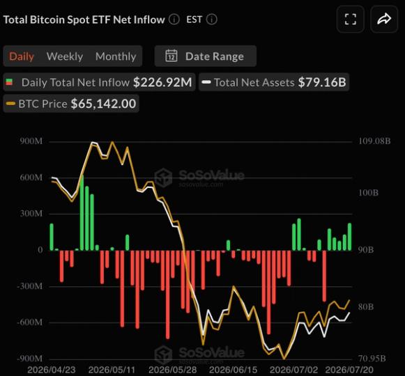 Gráfico de Bitcoin ETFs mostrando aumento de investimentos consecutivos
