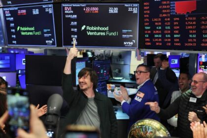 Logo da Robinhood com elementos de blockchain e finanças descentralizadas