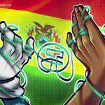 Bandeira da Bolívia com símbolos de criptomoedas ao fundo