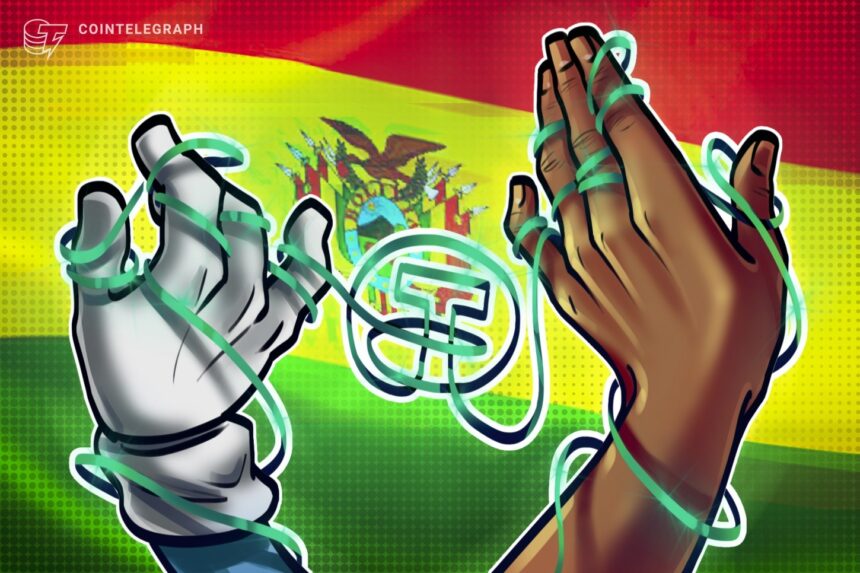 Bandeira da Bolívia com símbolos de criptomoedas ao fundo