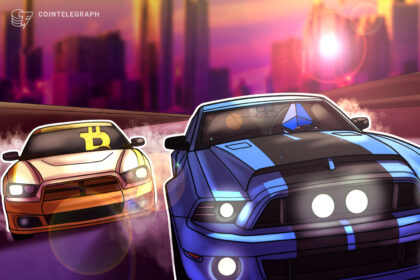 Gráfico de preços do Ether em ascensão com símbolos de criptomoedas ao fundo