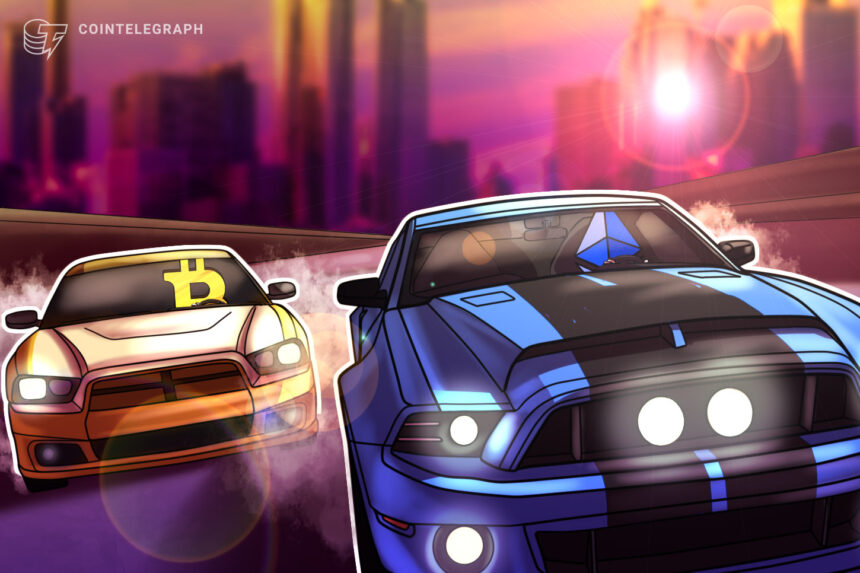 Gráfico de preços do Ether em ascensão com símbolos de criptomoedas ao fundo