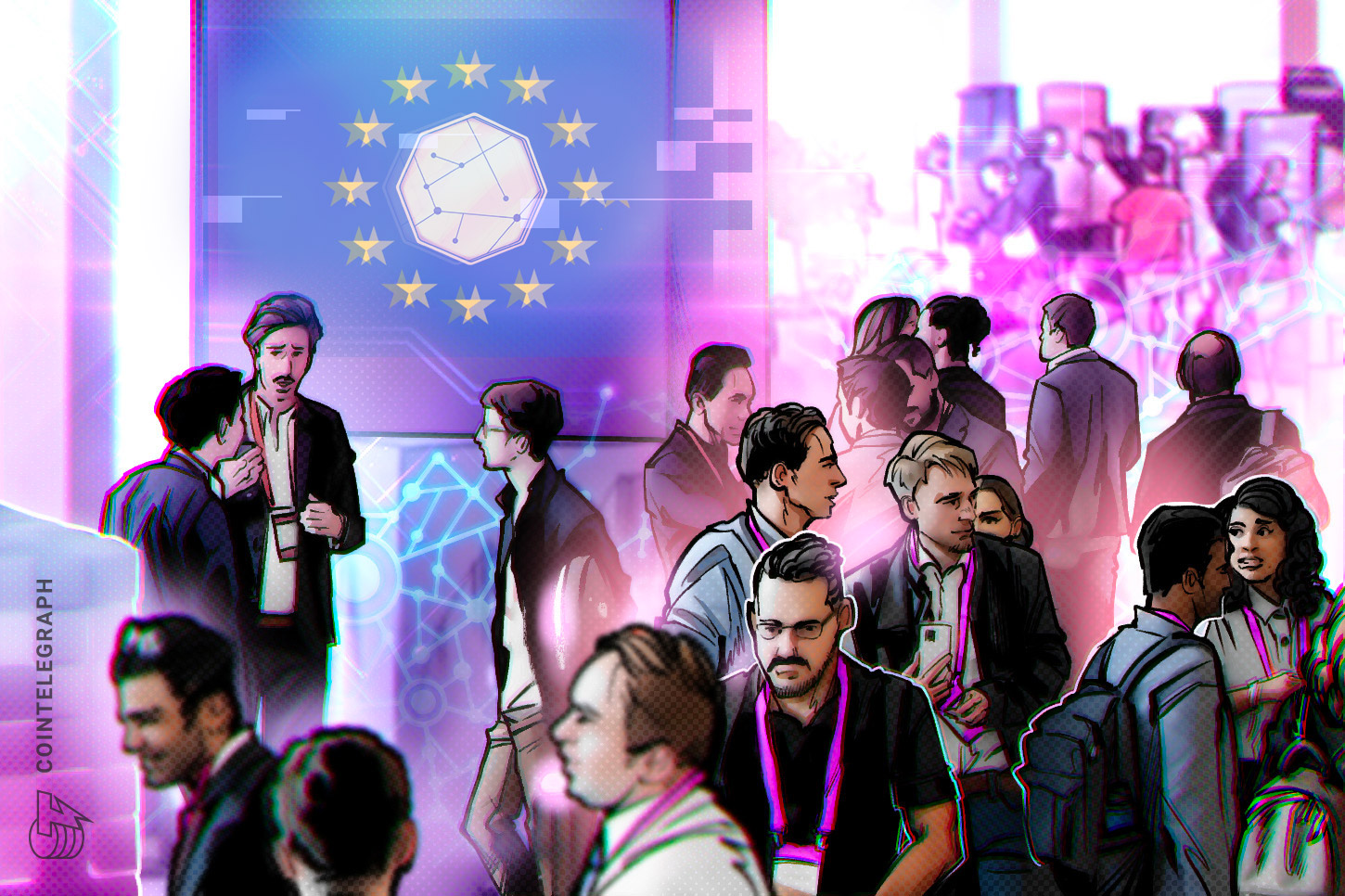 Bandeira da União Europeia com elementos de criptomoeda
