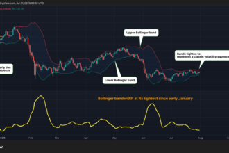 Gráfico do preço do Bitcoin mostrando bandas de Bollinger e compressão de volatilidade