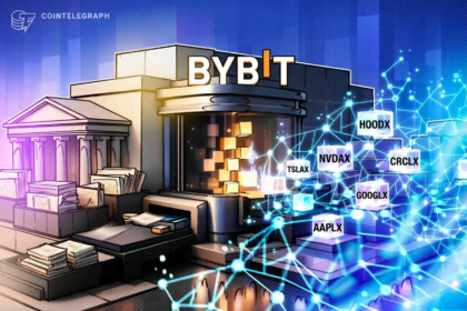 Logotipo da Bybit com fundo de ações tokenizadas