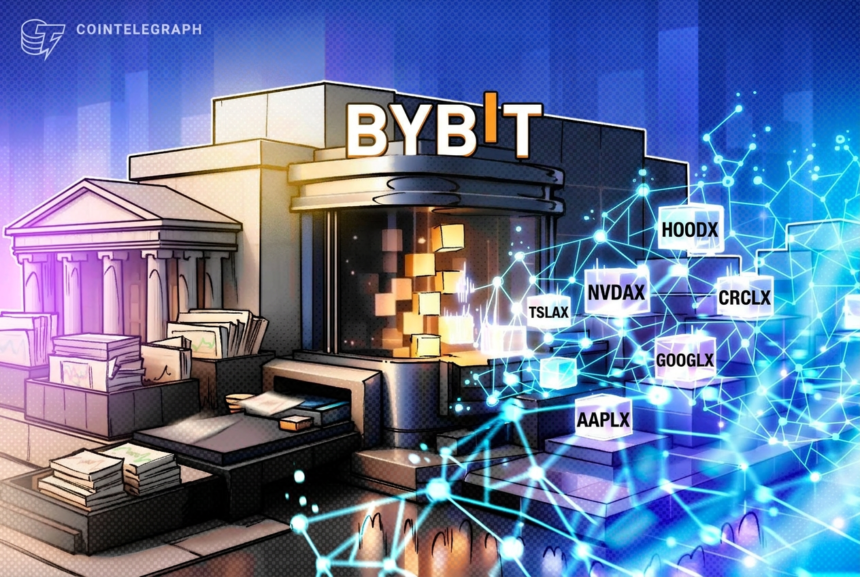 Logotipo da Bybit com fundo de ações tokenizadas