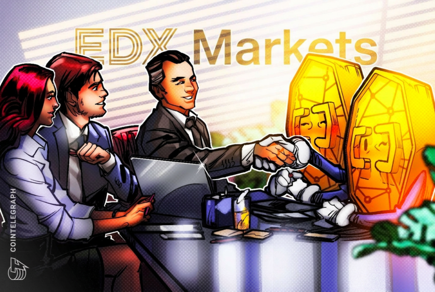 Logo da EDX Markets com gráficos de criptomoedas ao fundo
