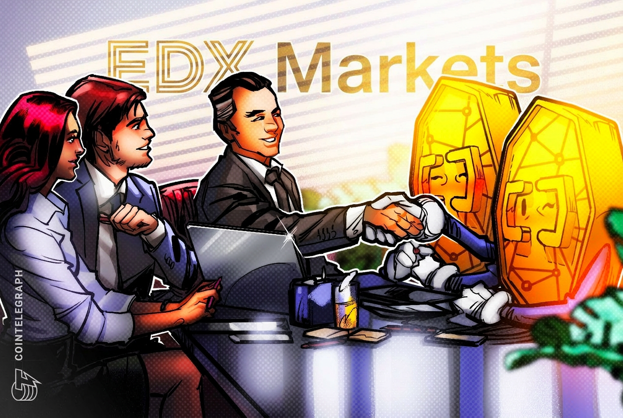 Logo da EDX Markets com gráficos de criptomoedas ao fundo
