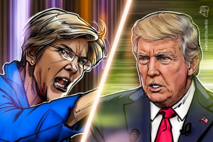 Senadora Elizabeth Warren durante uma coletiva de imprensa sobre criptomoedas.
