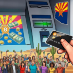 Ilustração de um caixa eletrônico de criptomoedas com destaque para a lei do Arizona