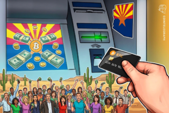 Ilustração de um caixa eletrônico de criptomoedas com destaque para a lei do Arizona