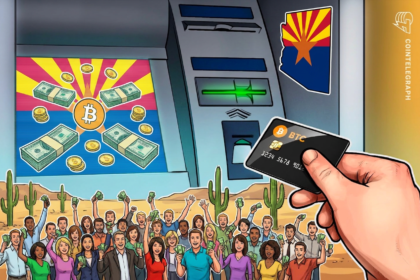 Ilustração de um caixa eletrônico de criptomoedas com destaque para a lei do Arizona