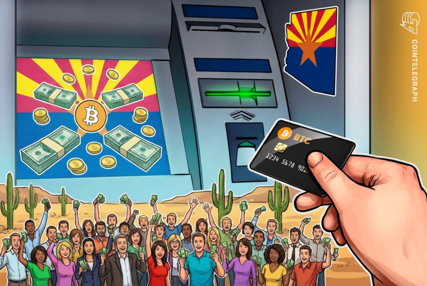Ilustração de um caixa eletrônico de criptomoedas com destaque para a lei do Arizona