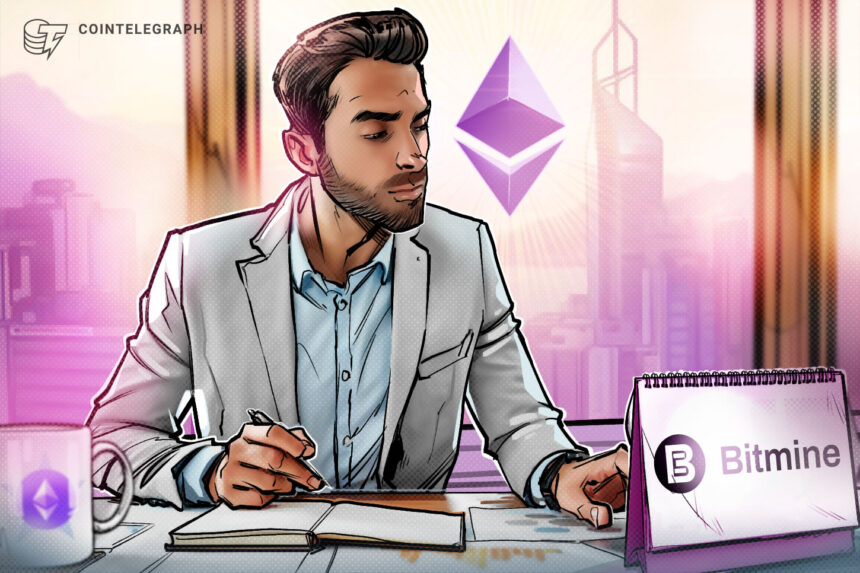 Logotipo da Bitmine com gráficos de Ethereum ao fundo