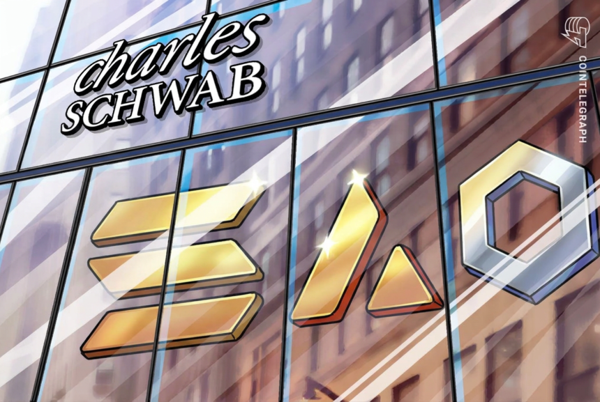 Logotipo da Charles Schwab com elementos de criptomoedas
