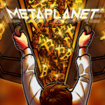 Logotipo da Metaplanet com a imagem da Nasdaq ao fundo