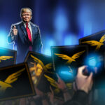 Logotipo da World Liberty Financial com fundo de criptomoedas