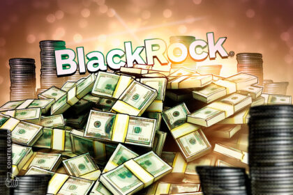 Logo da BlackRock com fundo de criptomoedas