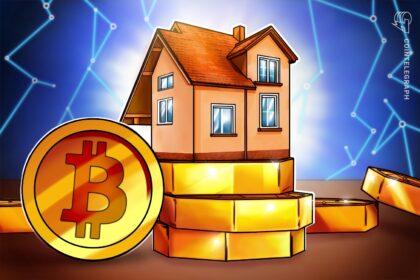 Ilustração de hipoteca lastreada em Bitcoin com elementos de criptomoeda e imóveis