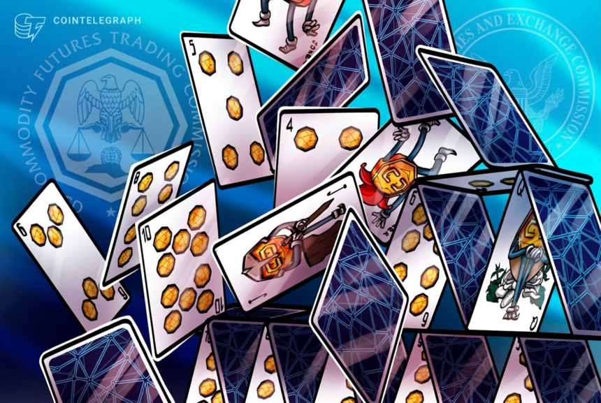 Logos da SEC e CFTC sobre fundo de criptomoedas