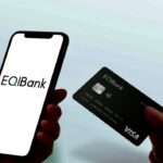 Logotipo da Tether e EQIBank com fundo gráfico de criptomoedas.