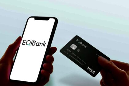 Logotipo da Tether e EQIBank com fundo gráfico de criptomoedas.