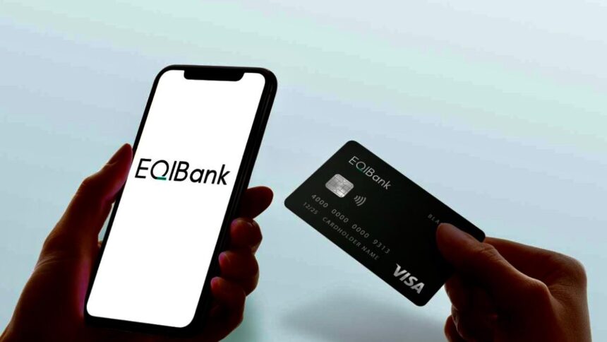 Logotipo da Tether e EQIBank com fundo gráfico de criptomoedas.