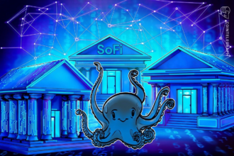 Logos da Payward e SoFi em destaque sobre fundo de criptomoedas