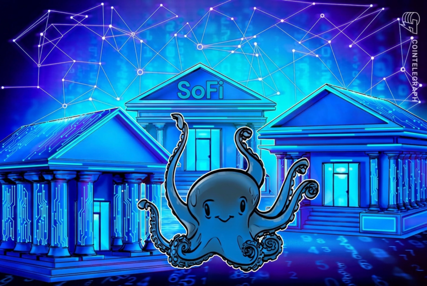 Logos da Payward e SoFi em destaque sobre fundo de criptomoedas