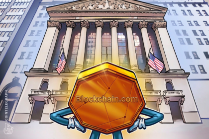 Logos da NYSE e Blockchain.com com fundo de gráficos financeiros