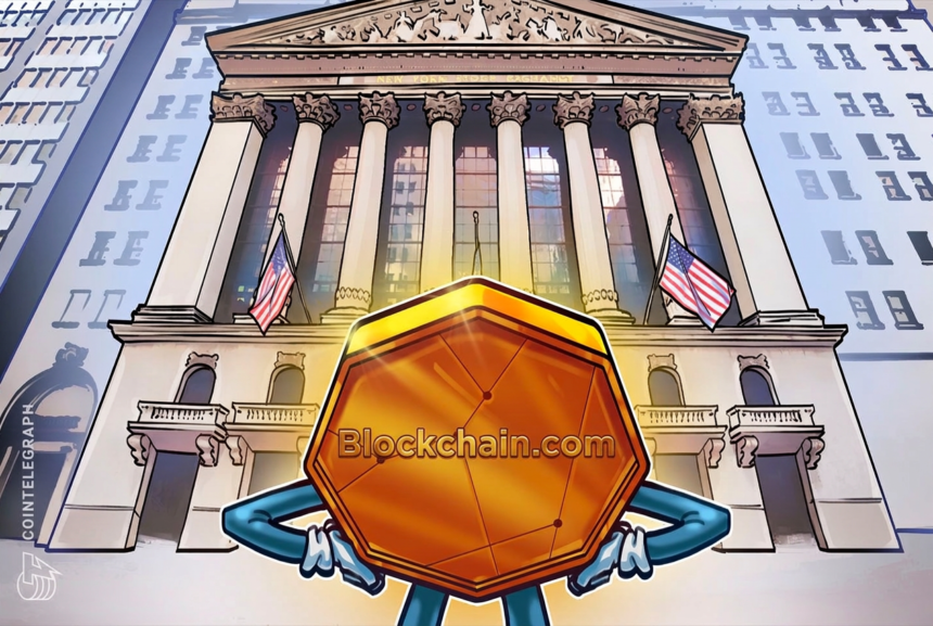 Logos da NYSE e Blockchain.com com fundo de gráficos financeiros