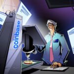 Logo da Coinbase com gráficos de criptomoedas ao fundo