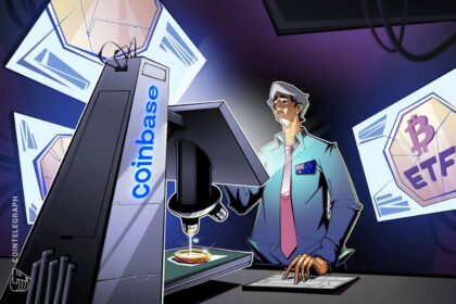 Logo da Coinbase com gráficos de criptomoedas ao fundo