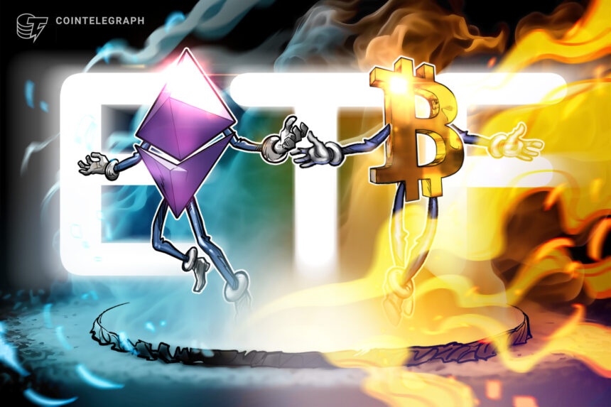 Gráfico mostrando entradas e saídas de ETFs de Bitcoin e Ether