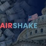 Logo da Fairshake com fundo de símbolos de criptomoedas.