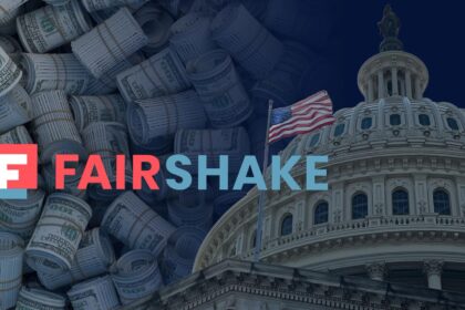 Logo da Fairshake com fundo de símbolos de criptomoedas.