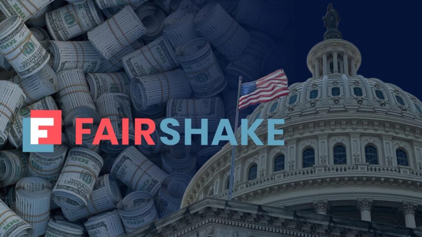 Logo da Fairshake com fundo de símbolos de criptomoedas.