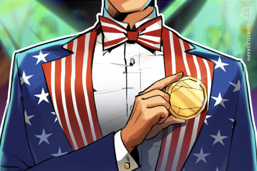 Logo do Crypto PAC Fairshake e representação de eleições nos EUA
