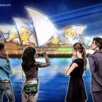 Bandeira da Austrália com símbolos de criptomoedas