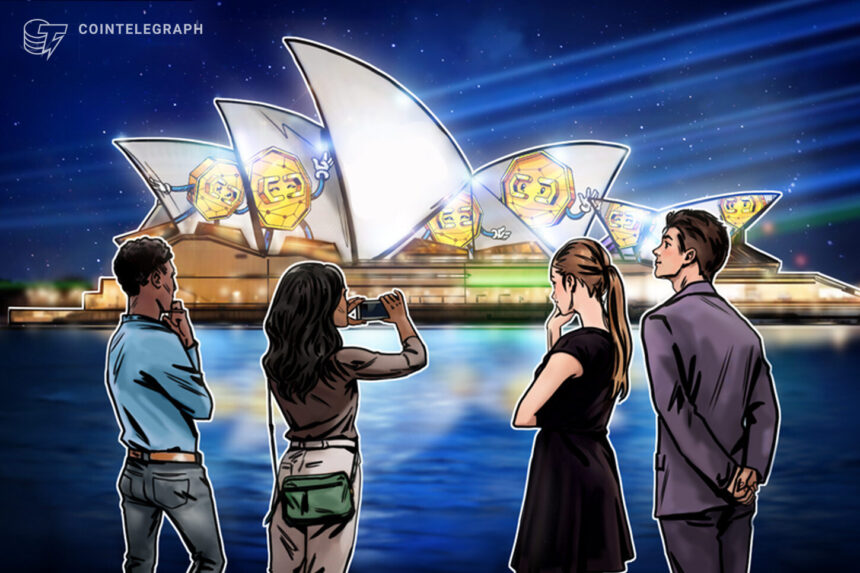 Bandeira da Austrália com símbolos de criptomoedas