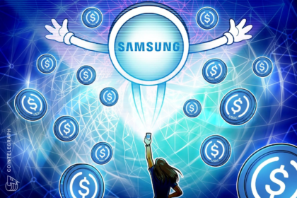 Ilustração do Samsung Wallet com destaque para a transferência de USDC