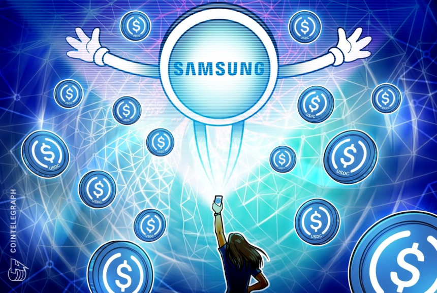 Ilustração do Samsung Wallet com destaque para a transferência de USDC
